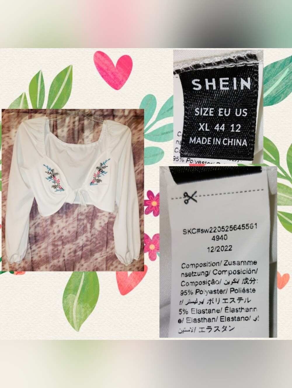 SHEIN White w/Multicolor Embroidery Lantern Sleeve Tie Front Woven Crop Top XL